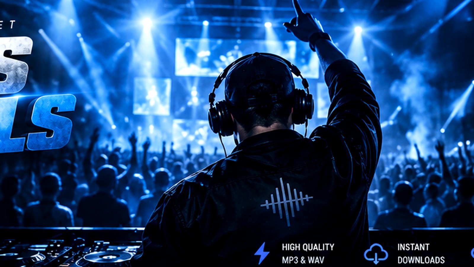 DJ performing before a large blue-lit crowd